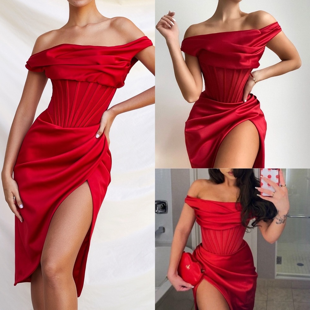 House of CB Lulu red dress- Red asymmetric draped corset midi satin dress